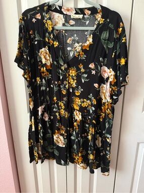 Love Riche Black Floral Button-Front Tunic with Yellow & Cream Blooms